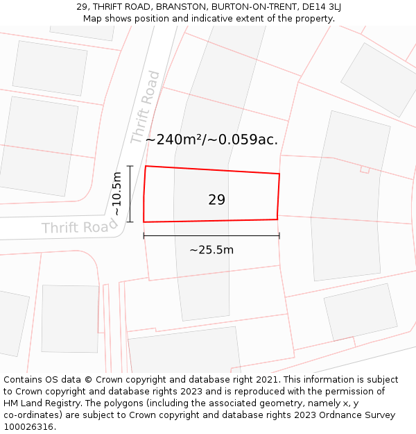 29, THRIFT ROAD, BRANSTON, BURTON-ON-TRENT, DE14 3LJ: Plot and title map