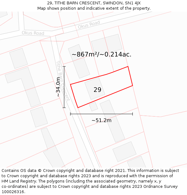 29, TITHE BARN CRESCENT, SWINDON, SN1 4JX: Plot and title map