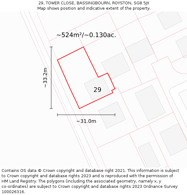 29, TOWER CLOSE, BASSINGBOURN, ROYSTON, SG8 5JX: Plot and title map