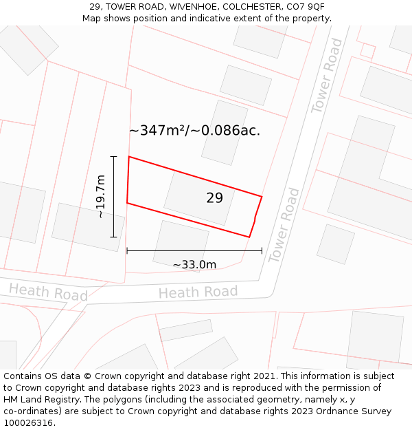 29, TOWER ROAD, WIVENHOE, COLCHESTER, CO7 9QF: Plot and title map