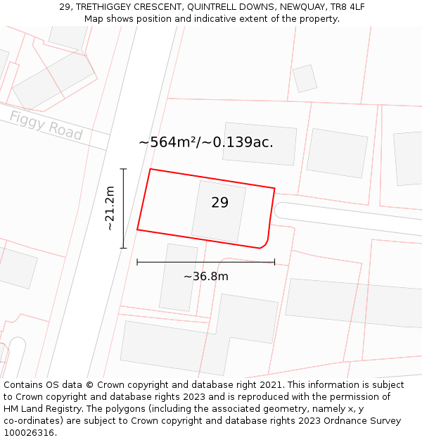 29, TRETHIGGEY CRESCENT, QUINTRELL DOWNS, NEWQUAY, TR8 4LF: Plot and title map
