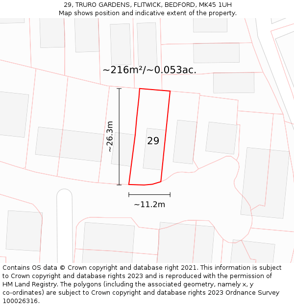 29, TRURO GARDENS, FLITWICK, BEDFORD, MK45 1UH: Plot and title map