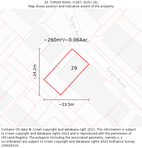 29, TURGIS ROAD, FLEET, GU51 1EL: Plot and title map