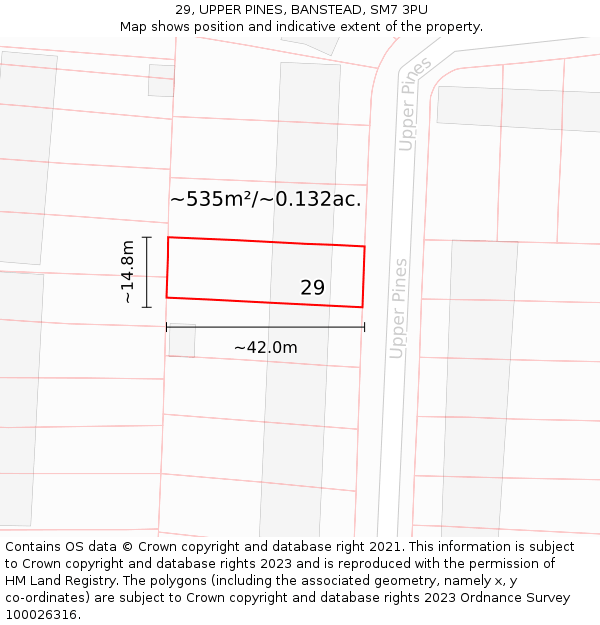 29, UPPER PINES, BANSTEAD, SM7 3PU: Plot and title map