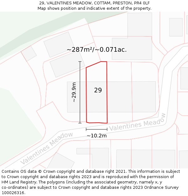 29, VALENTINES MEADOW, COTTAM, PRESTON, PR4 0LF: Plot and title map