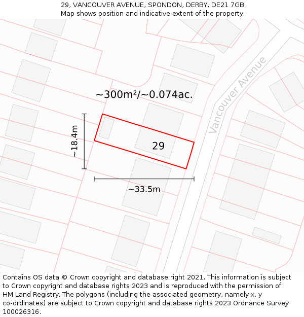 29, VANCOUVER AVENUE, SPONDON, DERBY, DE21 7GB: Plot and title map