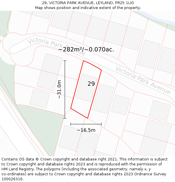 29, VICTORIA PARK AVENUE, LEYLAND, PR25 1UG: Plot and title map