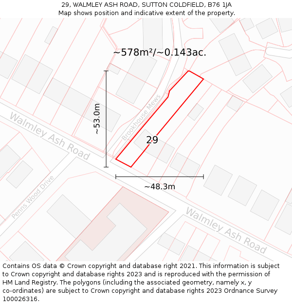 29, WALMLEY ASH ROAD, SUTTON COLDFIELD, B76 1JA: Plot and title map