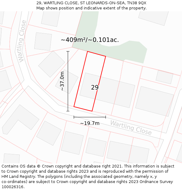 29, WARTLING CLOSE, ST LEONARDS-ON-SEA, TN38 9QX: Plot and title map