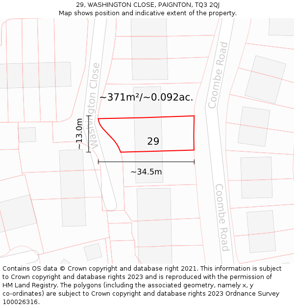 29, WASHINGTON CLOSE, PAIGNTON, TQ3 2QJ: Plot and title map