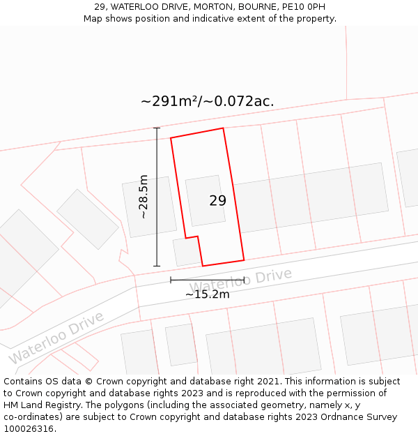 29, WATERLOO DRIVE, MORTON, BOURNE, PE10 0PH: Plot and title map