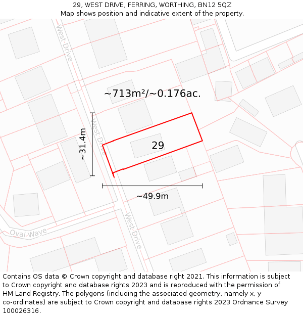 29, WEST DRIVE, FERRING, WORTHING, BN12 5QZ: Plot and title map