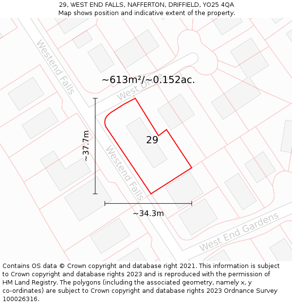 29, WEST END FALLS, NAFFERTON, DRIFFIELD, YO25 4QA: Plot and title map