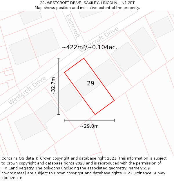 29, WESTCROFT DRIVE, SAXILBY, LINCOLN, LN1 2PT: Plot and title map
