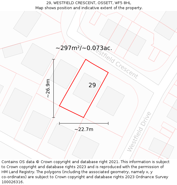 29, WESTFIELD CRESCENT, OSSETT, WF5 8HL: Plot and title map