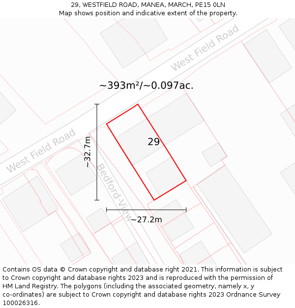 29, WESTFIELD ROAD, MANEA, MARCH, PE15 0LN: Plot and title map