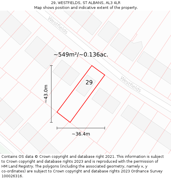 29, WESTFIELDS, ST ALBANS, AL3 4LR: Plot and title map