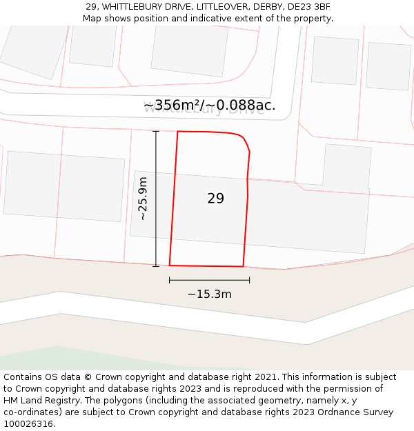 29, WHITTLEBURY DRIVE, LITTLEOVER, DERBY, DE23 3BF: Plot and title map