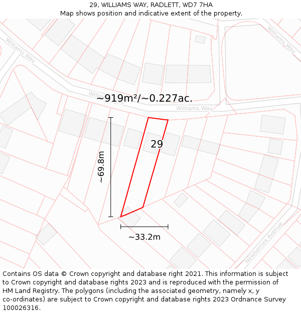 29, WILLIAMS WAY, RADLETT, WD7 7HA: Plot and title map