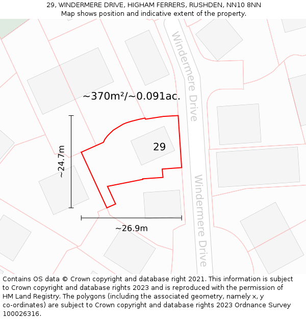 29, WINDERMERE DRIVE, HIGHAM FERRERS, RUSHDEN, NN10 8NN: Plot and title map
