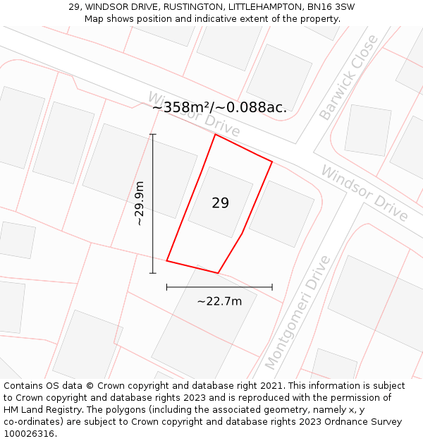 29, WINDSOR DRIVE, RUSTINGTON, LITTLEHAMPTON, BN16 3SW: Plot and title map