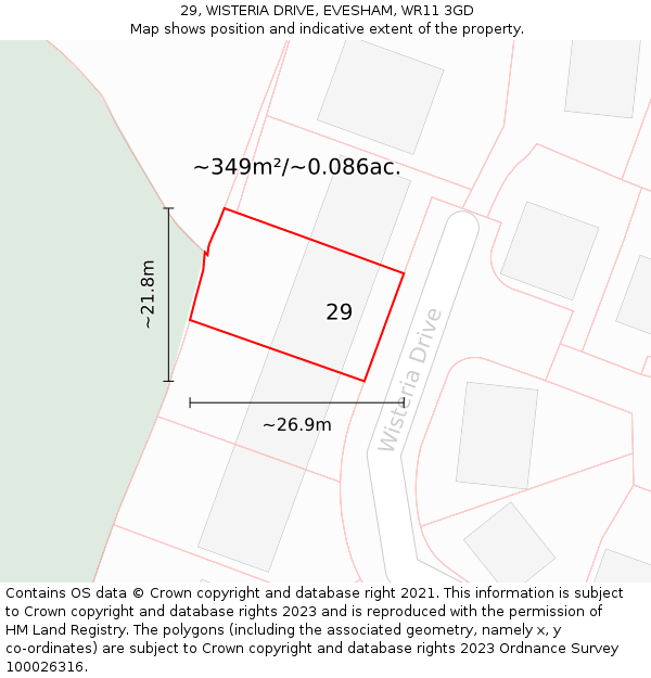29, WISTERIA DRIVE, EVESHAM, WR11 3GD: Plot and title map