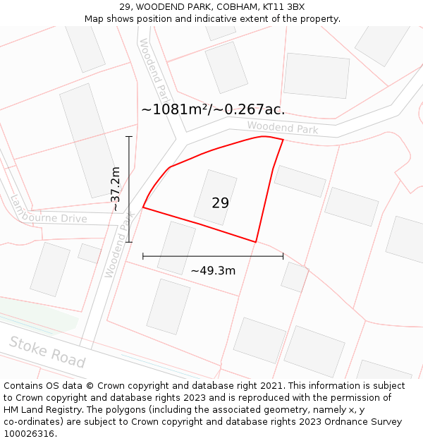 29, WOODEND PARK, COBHAM, KT11 3BX: Plot and title map
