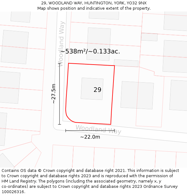 29, WOODLAND WAY, HUNTINGTON, YORK, YO32 9NX: Plot and title map
