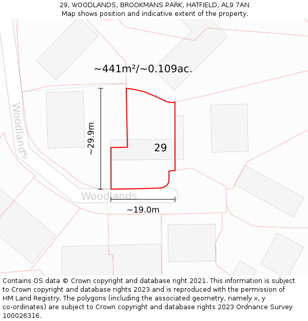 29, WOODLANDS, BROOKMANS PARK, HATFIELD, AL9 7AN: Plot and title map