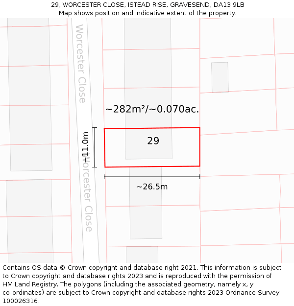 29, WORCESTER CLOSE, ISTEAD RISE, GRAVESEND, DA13 9LB: Plot and title map