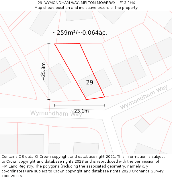 29, WYMONDHAM WAY, MELTON MOWBRAY, LE13 1HX: Plot and title map