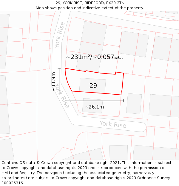 29, YORK RISE, BIDEFORD, EX39 3TN: Plot and title map