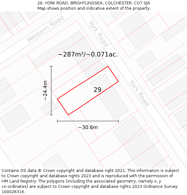 29, YORK ROAD, BRIGHTLINGSEA, COLCHESTER, CO7 0JA: Plot and title map