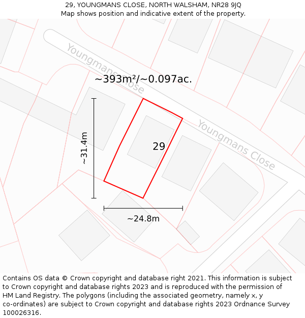 29, YOUNGMANS CLOSE, NORTH WALSHAM, NR28 9JQ: Plot and title map