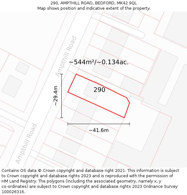 290, AMPTHILL ROAD, BEDFORD, MK42 9QL: Plot and title map