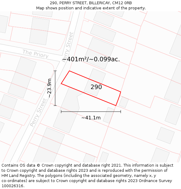 290, PERRY STREET, BILLERICAY, CM12 0RB: Plot and title map