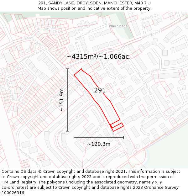 291, SANDY LANE, DROYLSDEN, MANCHESTER, M43 7JU: Plot and title map