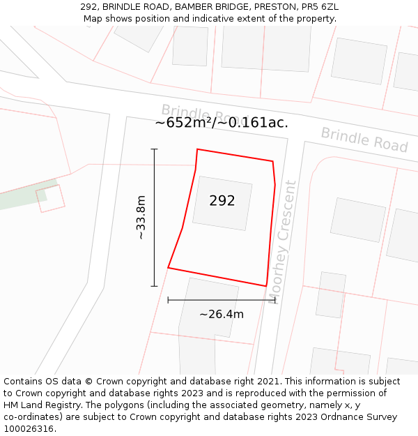 292, BRINDLE ROAD, BAMBER BRIDGE, PRESTON, PR5 6ZL: Plot and title map