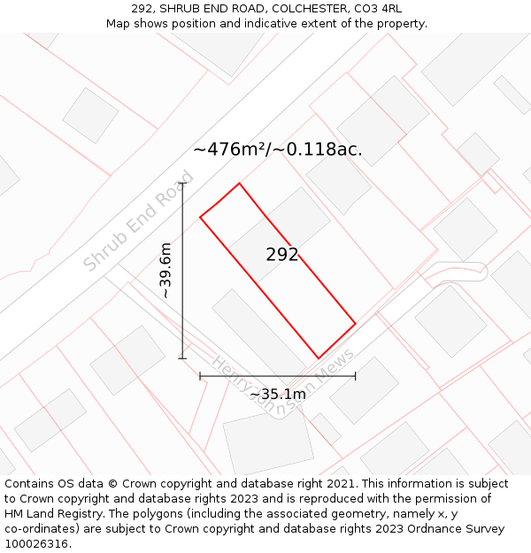 292, SHRUB END ROAD, COLCHESTER, CO3 4RL: Plot and title map