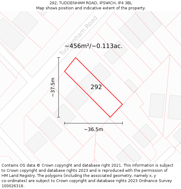 292, TUDDENHAM ROAD, IPSWICH, IP4 3BL: Plot and title map