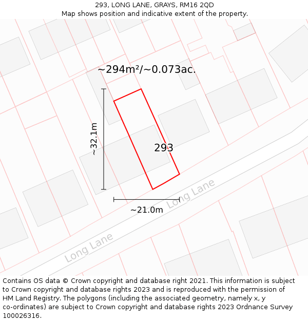 293, LONG LANE, GRAYS, RM16 2QD: Plot and title map
