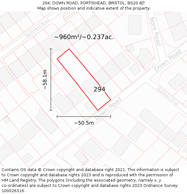 294, DOWN ROAD, PORTISHEAD, BRISTOL, BS20 8JT: Plot and title map