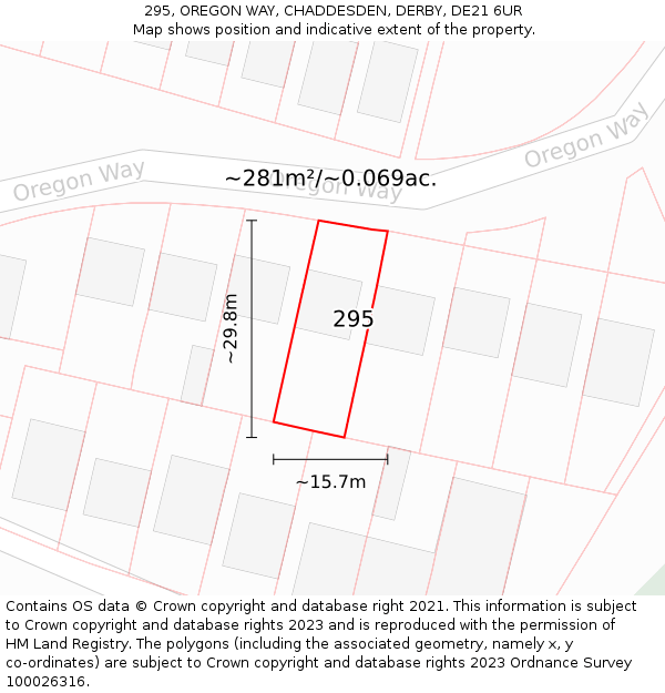 295, OREGON WAY, CHADDESDEN, DERBY, DE21 6UR: Plot and title map