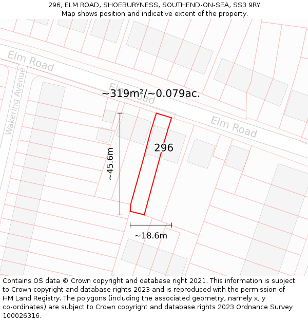 296, ELM ROAD, SHOEBURYNESS, SOUTHEND-ON-SEA, SS3 9RY: Plot and title map