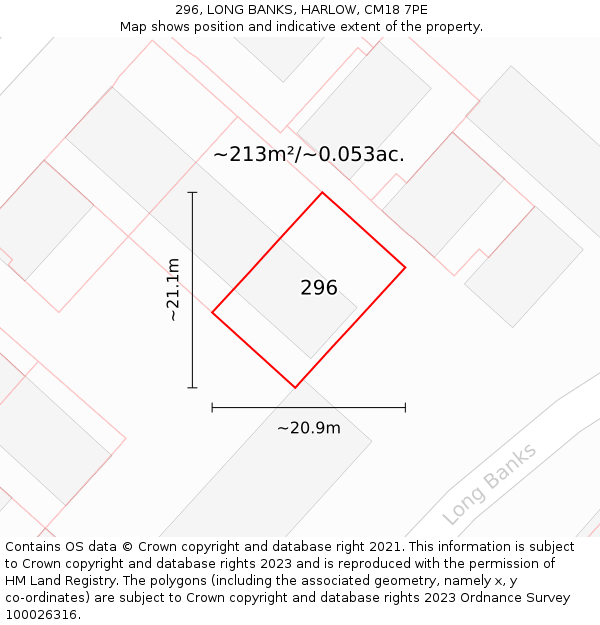 296, LONG BANKS, HARLOW, CM18 7PE: Plot and title map