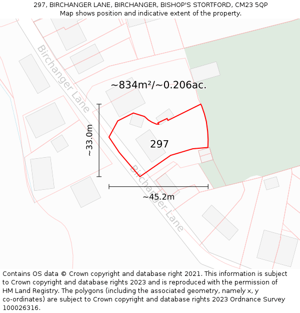 297, BIRCHANGER LANE, BIRCHANGER, BISHOP'S STORTFORD, CM23 5QP: Plot and title map
