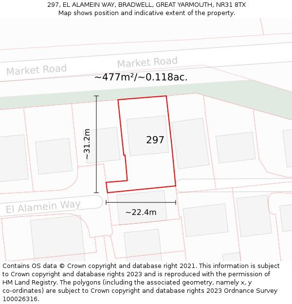 297, EL ALAMEIN WAY, BRADWELL, GREAT YARMOUTH, NR31 8TX: Plot and title map