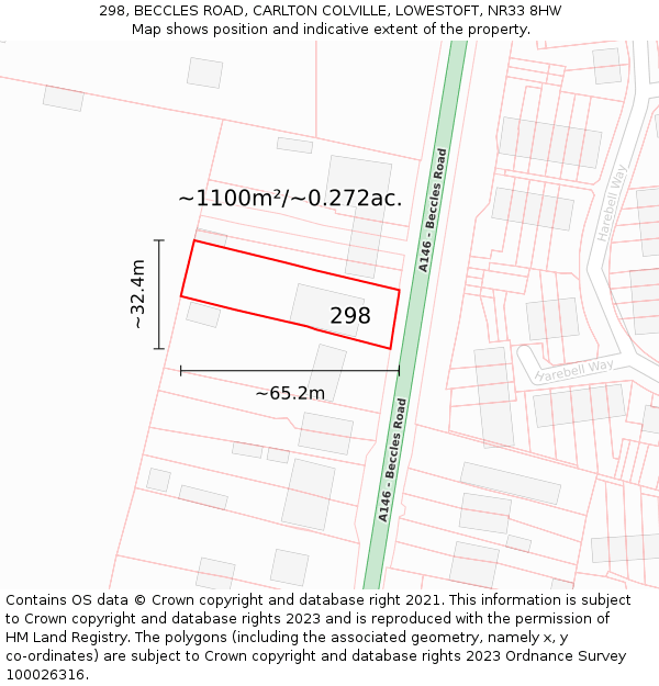 298, BECCLES ROAD, CARLTON COLVILLE, LOWESTOFT, NR33 8HW: Plot and title map