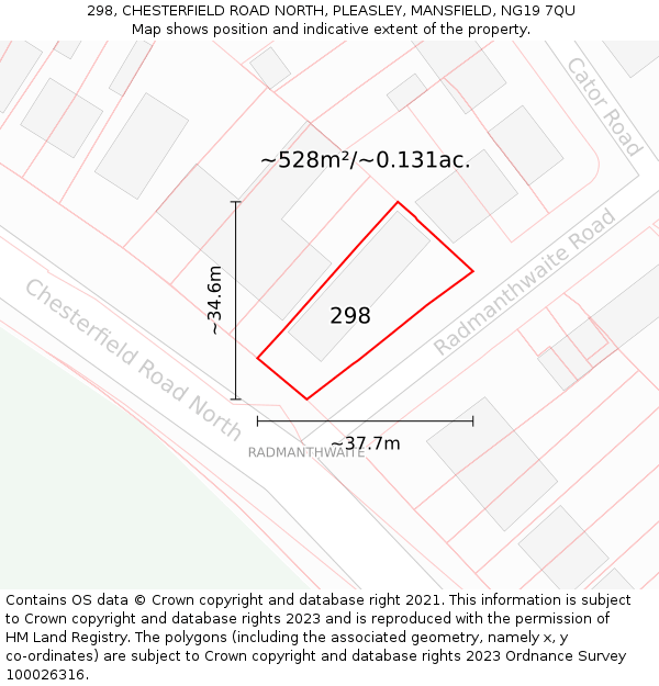 298, CHESTERFIELD ROAD NORTH, PLEASLEY, MANSFIELD, NG19 7QU: Plot and title map
