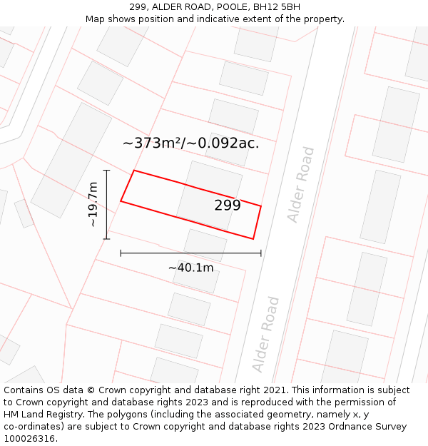 299, ALDER ROAD, POOLE, BH12 5BH: Plot and title map